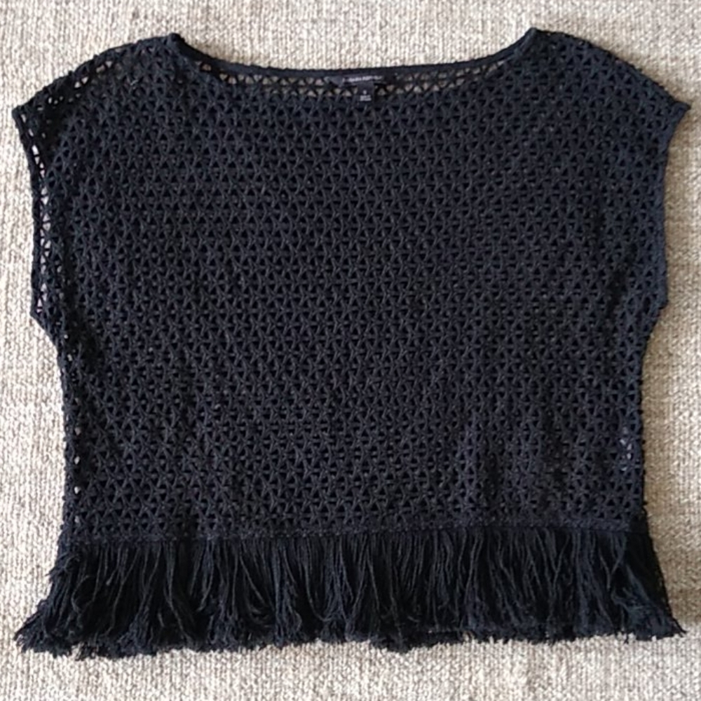 Banana Republic open weave black fringed top small